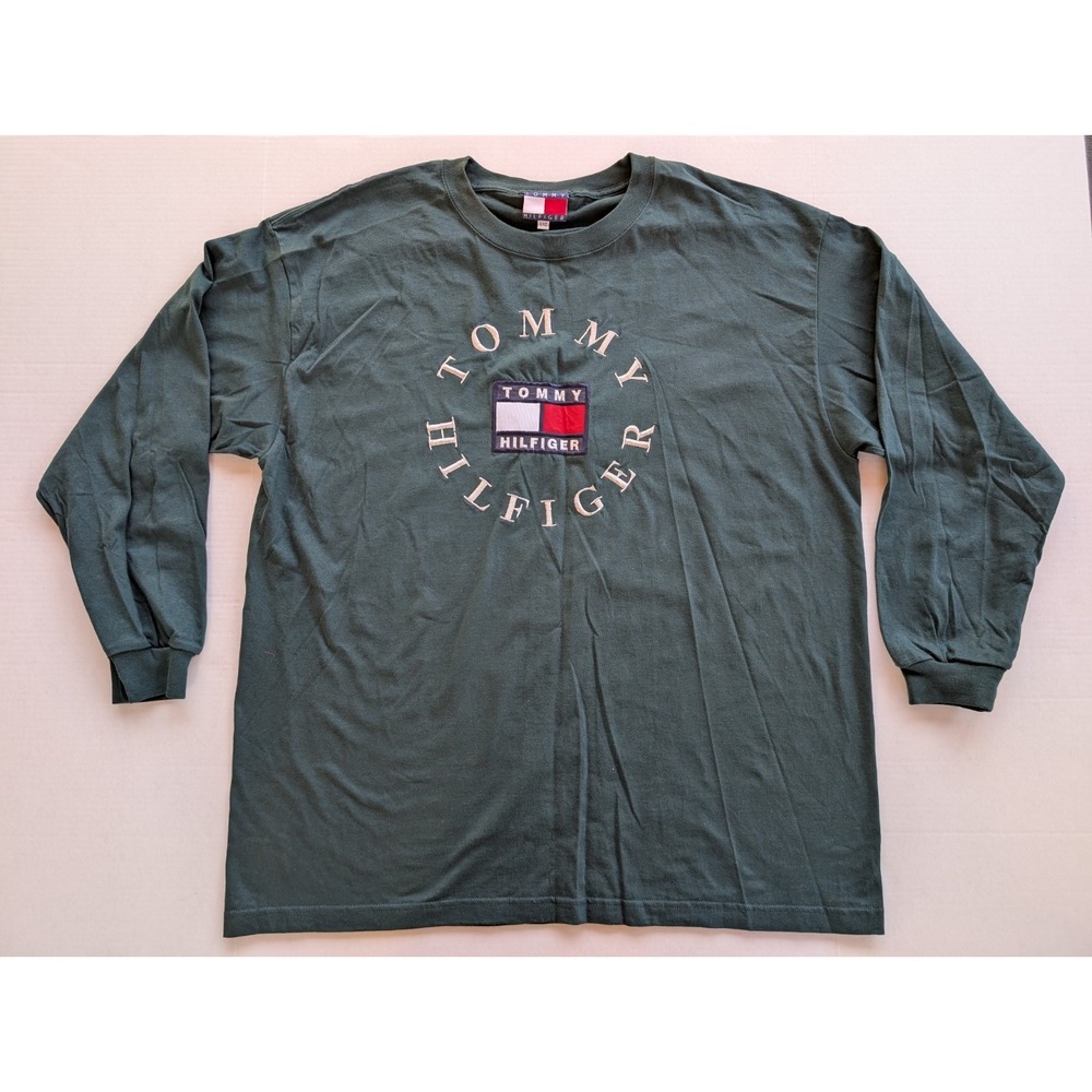 Vintage Tommy Hilfiger Long Sleeve Shirt Mens XXL Green Embroidered Logo Y2K